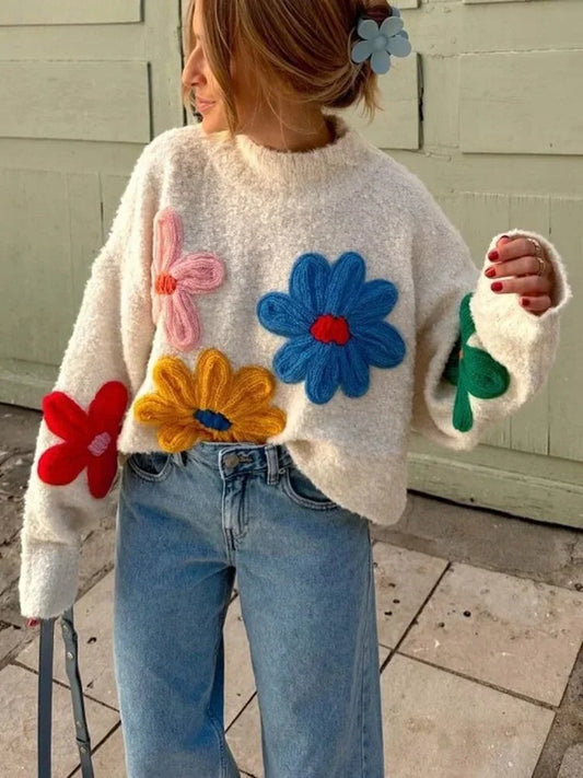 Women's Oversized Knit Floral Applique Sweater
