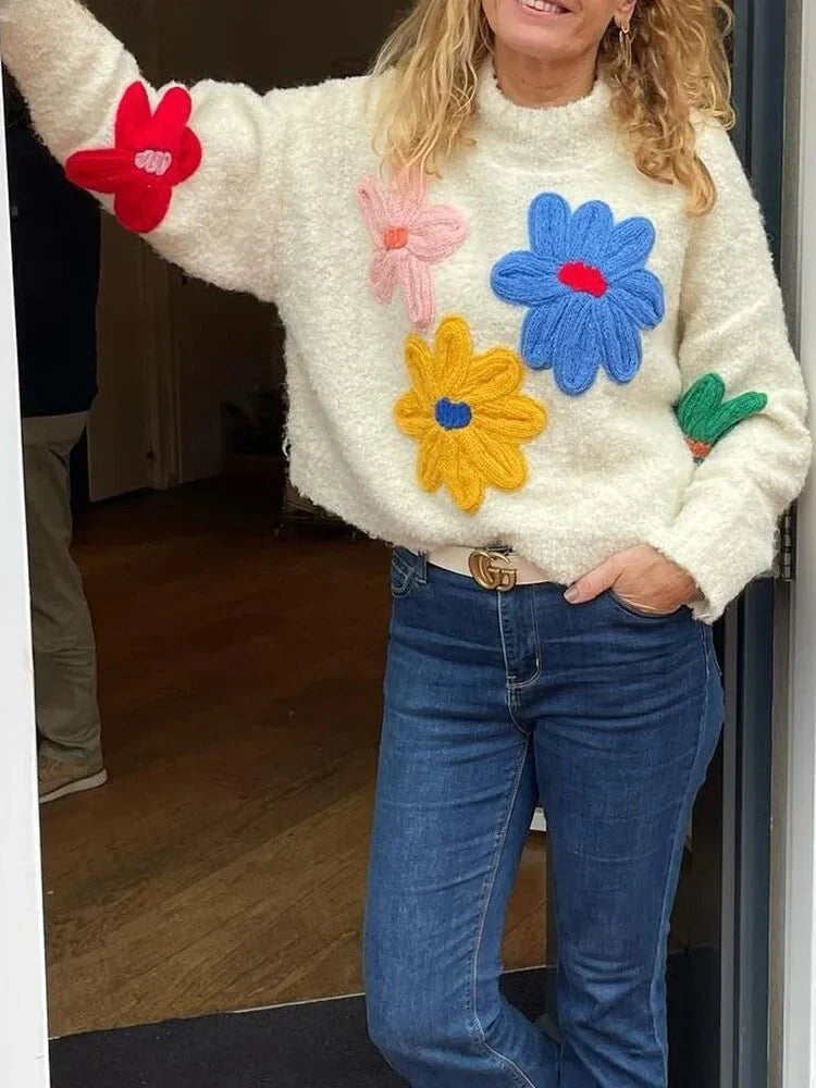 Women's Oversized Knit Floral Applique Sweater