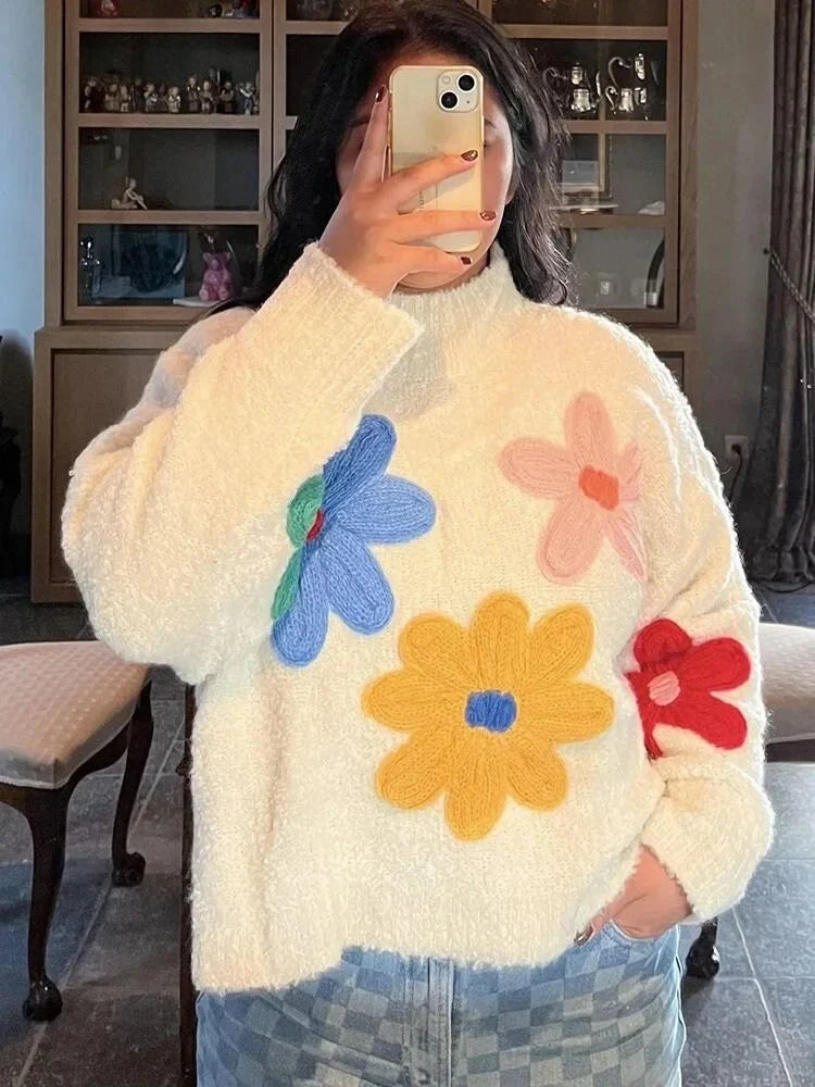 Women's Oversized Knit Floral Applique Sweater