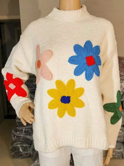 Women's Oversized Knit Floral Applique Sweater