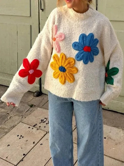 Women's Oversized Knit Floral Applique Sweater