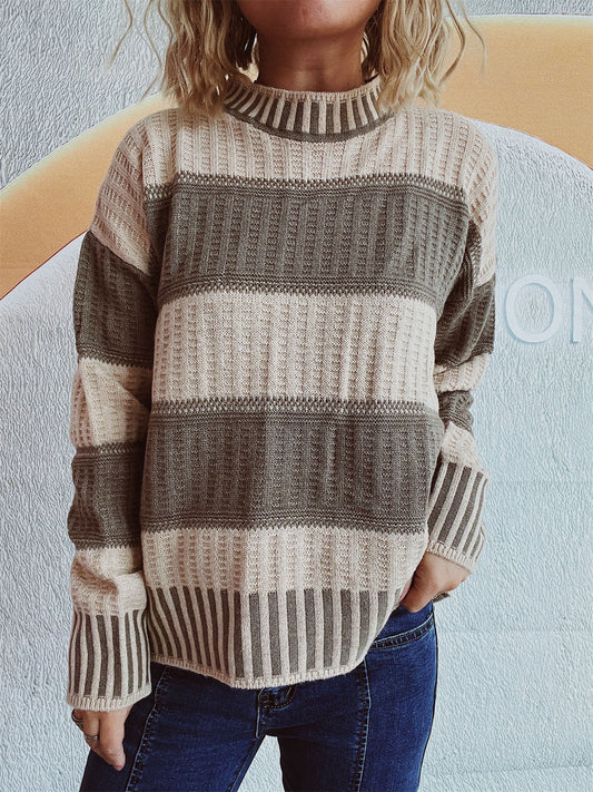 Women's Striped Textured Crew Neck Sweater