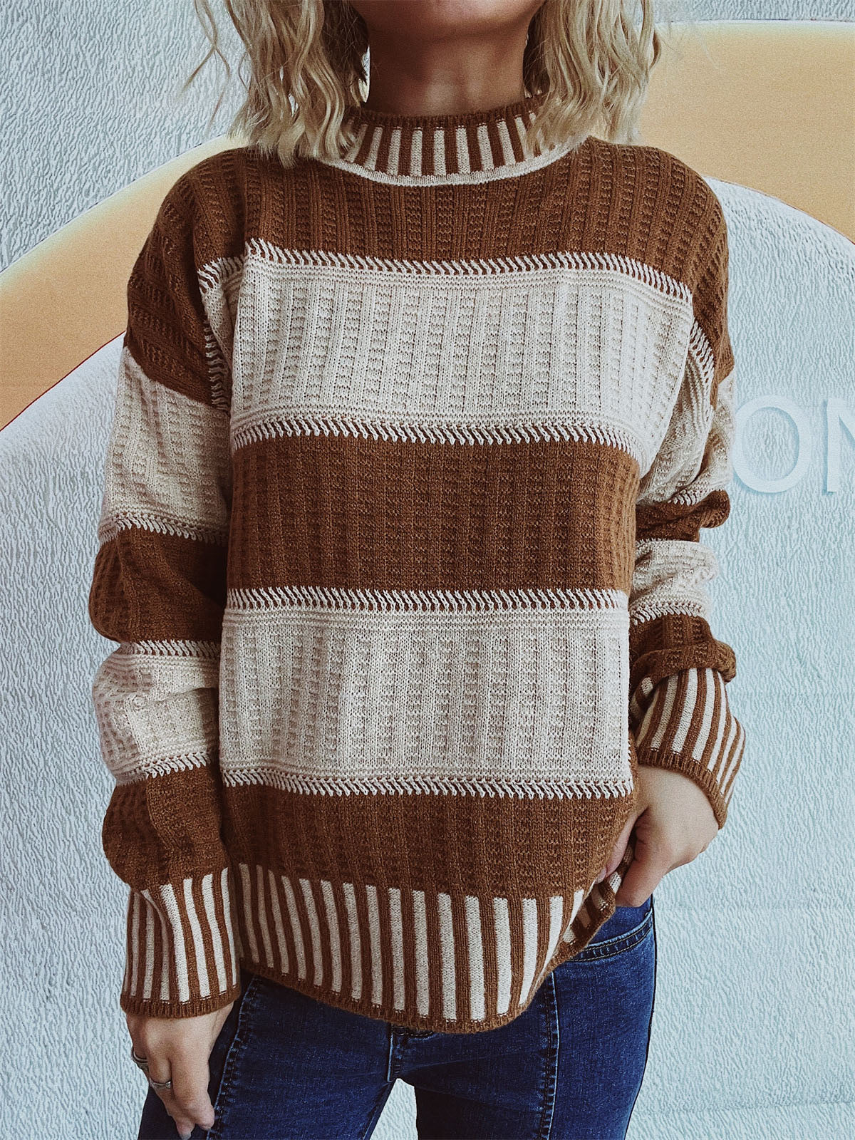 Women's Striped Textured Crew Neck Sweater