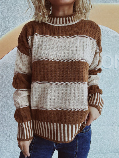 Women's Striped Textured Crew Neck Sweater