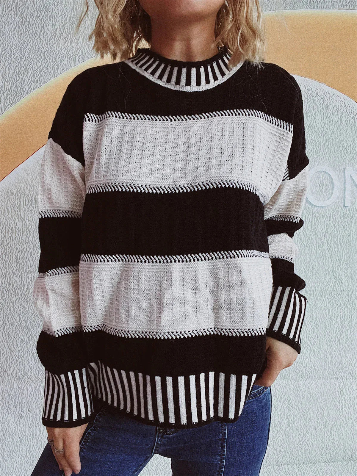 Women's Striped Textured Crew Neck Sweater