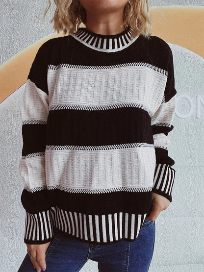 Women's Striped Textured Crew Neck Sweater