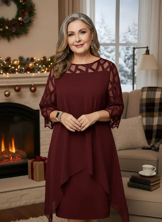 Effortless Burgundy Autumn Wedding Guest Dress for Women with Round Neck Illusion Sleeve Layered Chiffon Midi Cocktail Style
