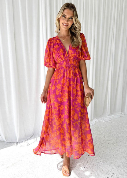 Elegant Pink Floral Autumn Wedding Guest Dress for Women with V Neck Puff Sleeve Flowing Boho Style