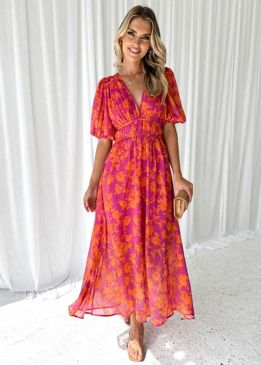 Elegant Pink Floral Autumn Wedding Guest Dress for Women with V Neck Puff Sleeve Flowing Boho Style