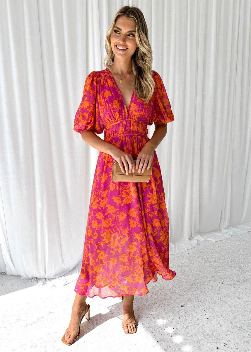 Elegant Pink Floral Autumn Wedding Guest Dress for Women with V Neck Puff Sleeve Flowing Boho Style