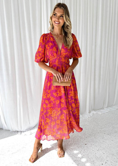 Elegant Pink Floral Autumn Wedding Guest Dress for Women with V Neck Puff Sleeve Flowing Boho Style