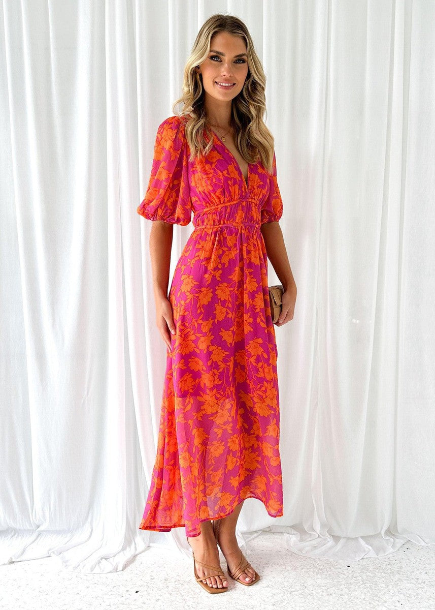 Elegant Pink Floral Autumn Wedding Guest Dress for Women with V Neck Puff Sleeve Flowing Boho Style