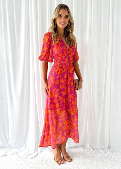 Elegant Pink Floral Autumn Wedding Guest Dress for Women with V Neck Puff Sleeve Flowing Boho Style