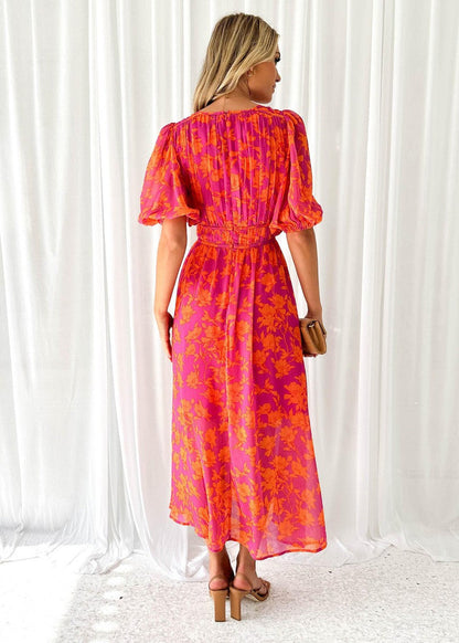 Elegant Pink Floral Autumn Wedding Guest Dress for Women with V Neck Puff Sleeve Flowing Boho Style