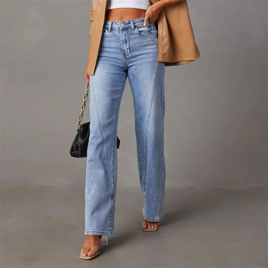 Stylish Blue Wide Leg High Waisted Jeans for Women with Seam Detail Front Slit Relaxed Style