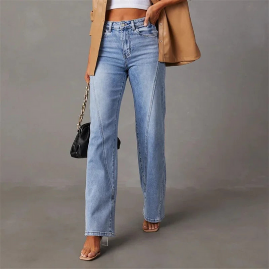 Stylish Blue Wide Leg High Waisted Jeans for Women with Seam Detail Front Slit Relaxed Style
