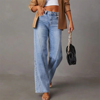 Stylish Blue Wide Leg High Waisted Jeans for Women with Seam Detail Front Slit Relaxed Style