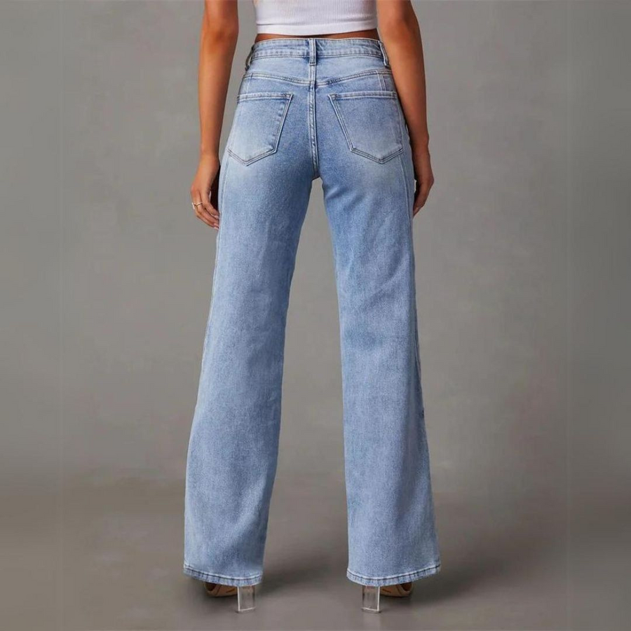 Stylish Blue Wide Leg High Waisted Jeans for Women with Seam Detail Front Slit Relaxed Style