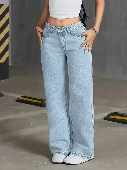 Effortless Blue Wide Leg Jeans for Women with High Waisted Five Pocket Relaxed Casual Style
