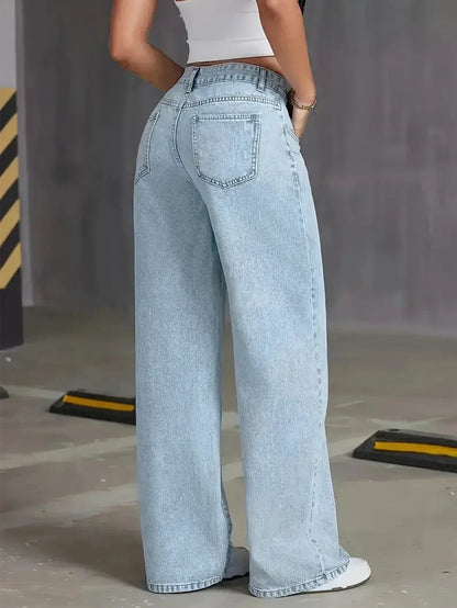 Effortless Blue Wide Leg Jeans for Women with High Waisted Five Pocket Relaxed Casual Style