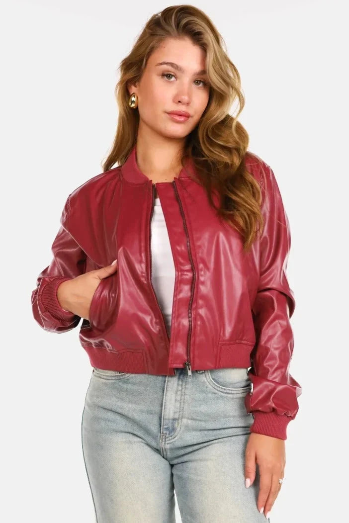 Women Cropped Bomber Leather Jacket with Ribbed Cuffs