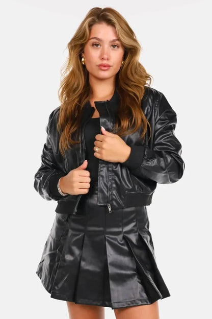 Women Cropped Bomber Leather Jacket with Ribbed Cuffs