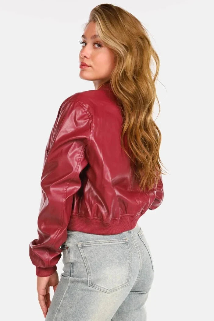 Women Cropped Bomber Leather Jacket with Ribbed Cuffs