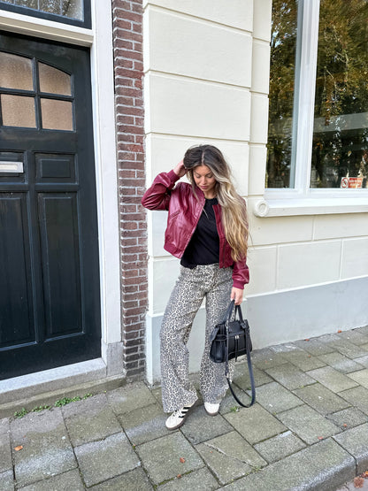 Women Cropped Bomber Leather Jacket with Ribbed Cuffs