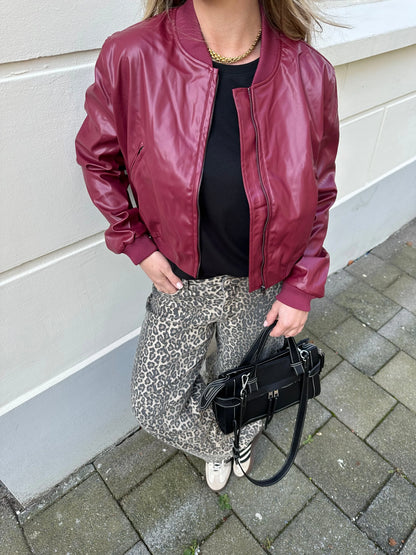 Women Cropped Bomber Leather Jacket with Ribbed Cuffs