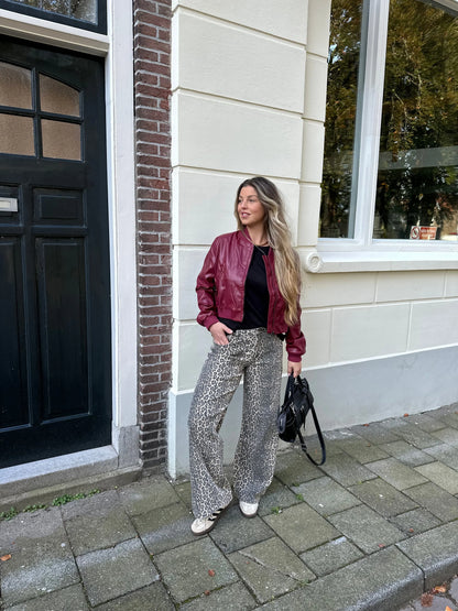 Women Cropped Bomber Leather Jacket with Ribbed Cuffs