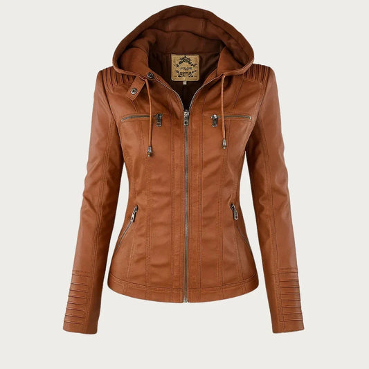 Chic Hooded Faux Leather Moto Jacket for Women with Zip Front Ribbed Cuff Fitted Biker Style
