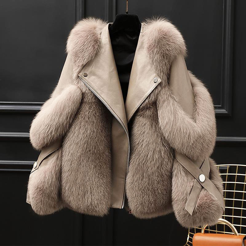 Women Oversized Fur Collar Leather Jacket