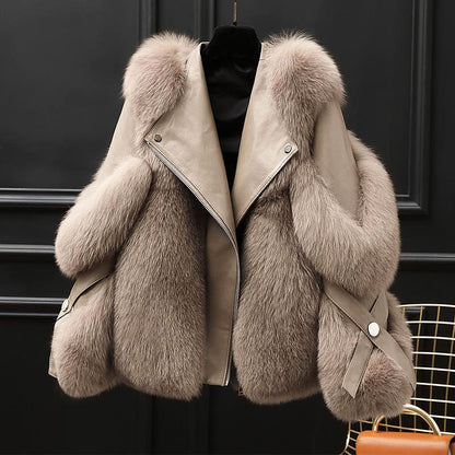 Women Oversized Fur Collar Leather Jacket