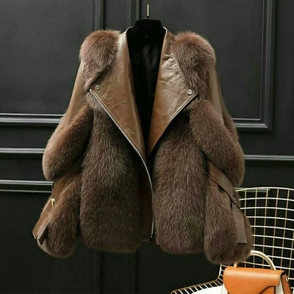 Women Oversized Fur Collar Leather Jacket