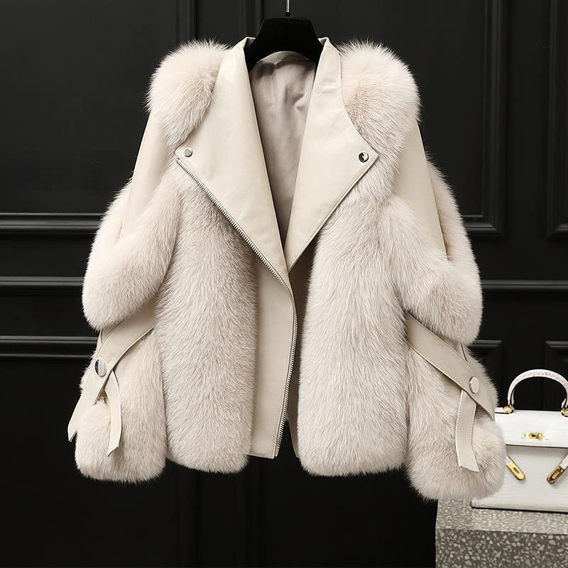 Women Oversized Fur Collar Leather Jacket