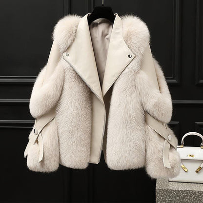 Women Oversized Fur Collar Leather Jacket