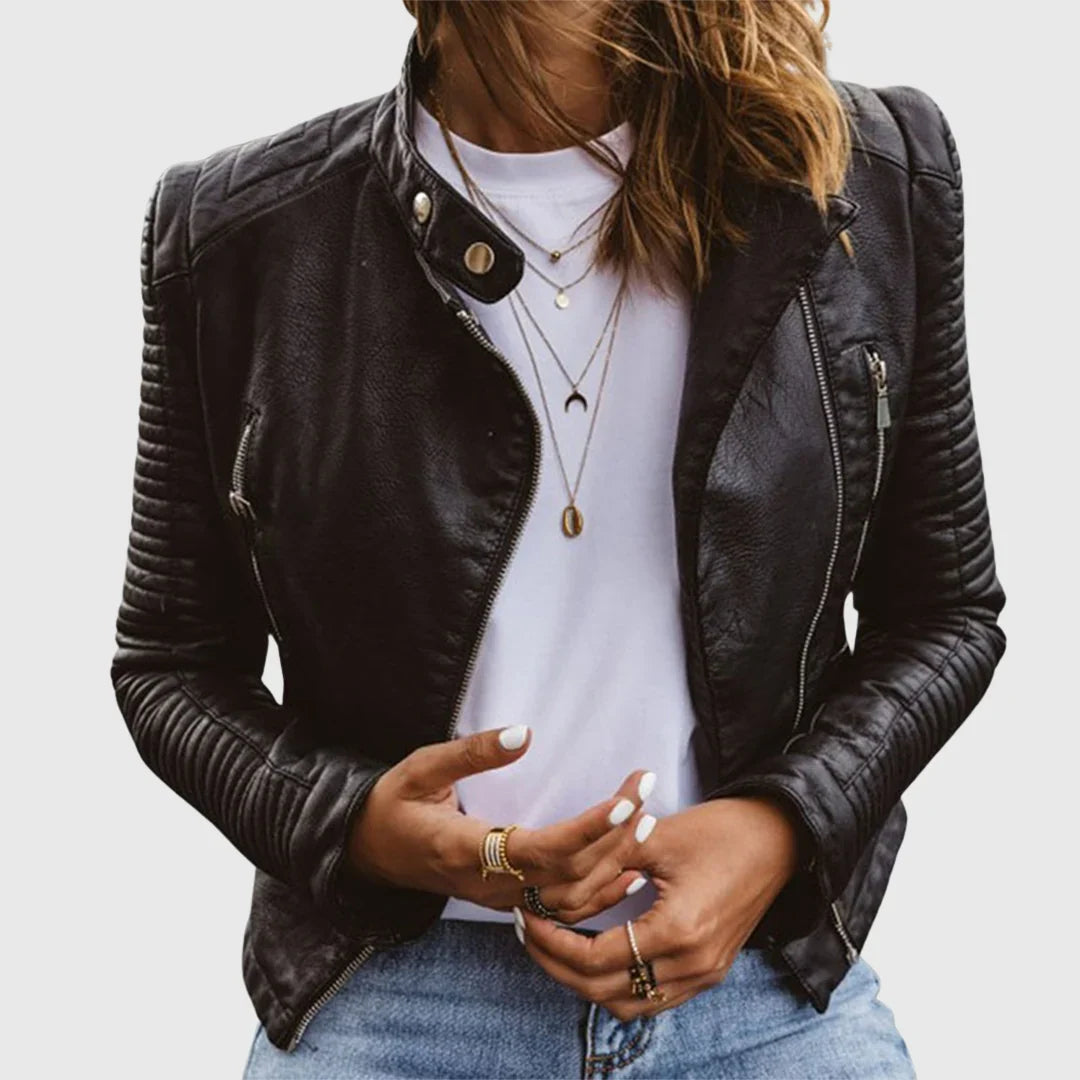 Women Quilted Moto Leather Jacket with Zip Front Stand Collar