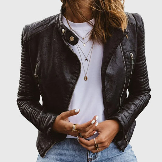 Women Quilted Moto Leather Jacket with Zip Front Stand Collar