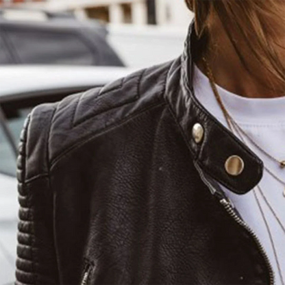 Women Quilted Moto Leather Jacket with Zip Front Stand Collar