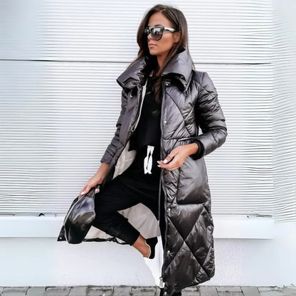 Cozy Long Quilted Puffer Coat for Women with Hooded Cinched Waist Zip Front Insulated Cold Weather Style