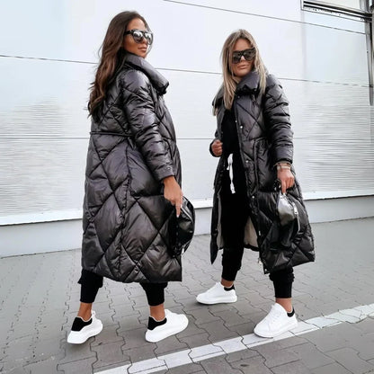 Cozy Long Quilted Puffer Coat for Women with Hooded Cinched Waist Zip Front Insulated Cold Weather Style