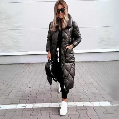 Cozy Long Quilted Puffer Coat for Women with Hooded Cinched Waist Zip Front Insulated Cold Weather Style