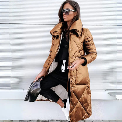 Cozy Long Quilted Puffer Coat for Women with Hooded Cinched Waist Zip Front Insulated Cold Weather Style
