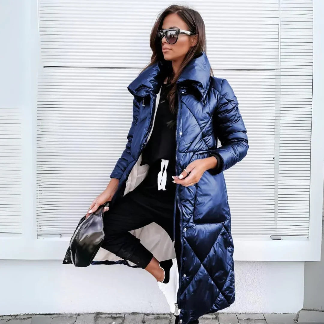 Cozy Long Quilted Puffer Coat for Women with Hooded Cinched Waist Zip Front Insulated Cold Weather Style