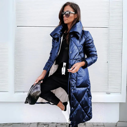 Cozy Long Quilted Puffer Coat for Women with Hooded Cinched Waist Zip Front Insulated Cold Weather Style