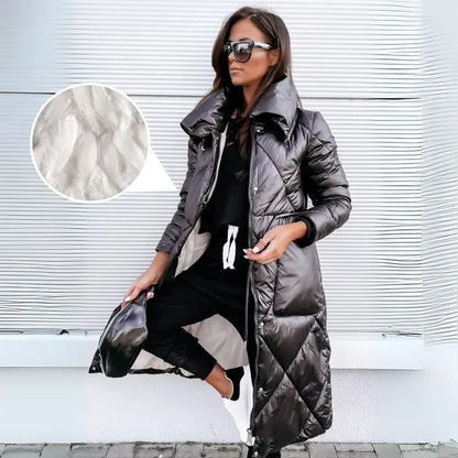 Cozy Long Quilted Puffer Coat for Women with Hooded Cinched Waist Zip Front Insulated Cold Weather Style