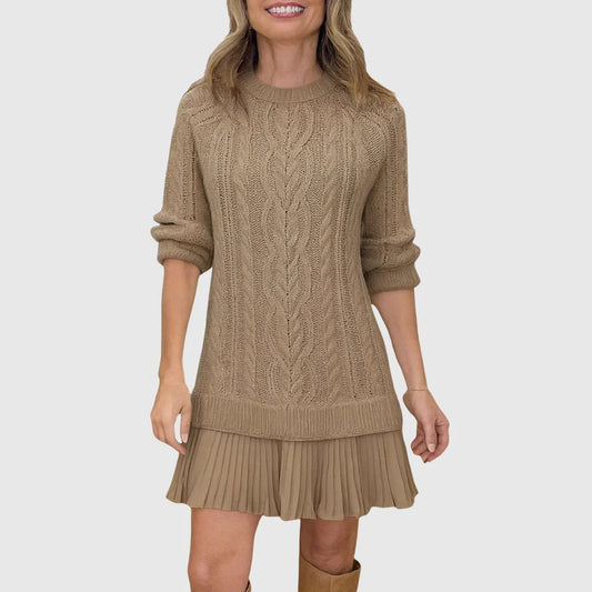 Stylish Camel Cable Knit Sweater Dress for Women with Crew Neck Long Sleeve Pleated Hem Knit Fall Style