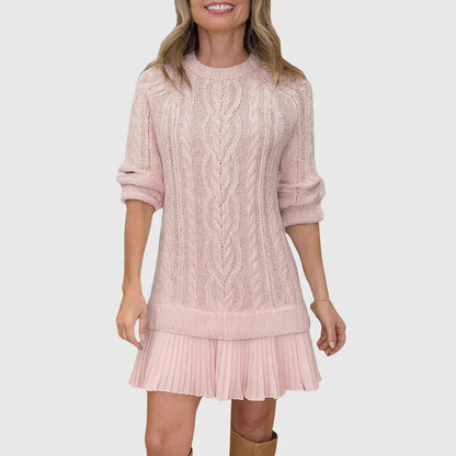 Stylish Camel Cable Knit Sweater Dress for Women with Crew Neck Long Sleeve Pleated Hem Knit Fall Style