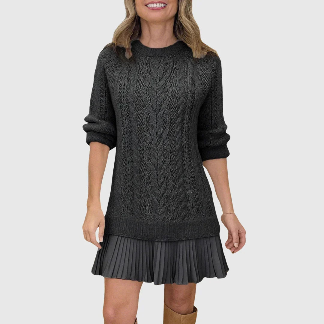 Stylish Camel Cable Knit Sweater Dress for Women with Crew Neck Long Sleeve Pleated Hem Knit Fall Style