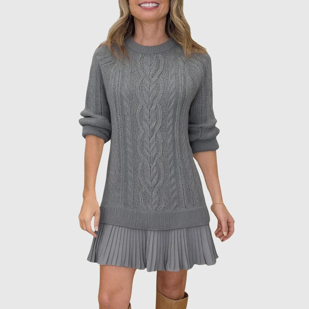 Stylish Camel Cable Knit Sweater Dress for Women with Crew Neck Long Sleeve Pleated Hem Knit Fall Style